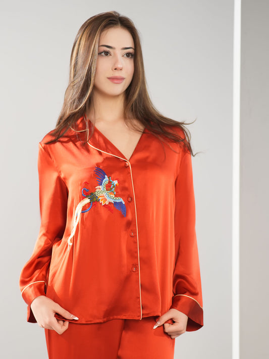 Phoenix Embroidery Silk Pajamas Set