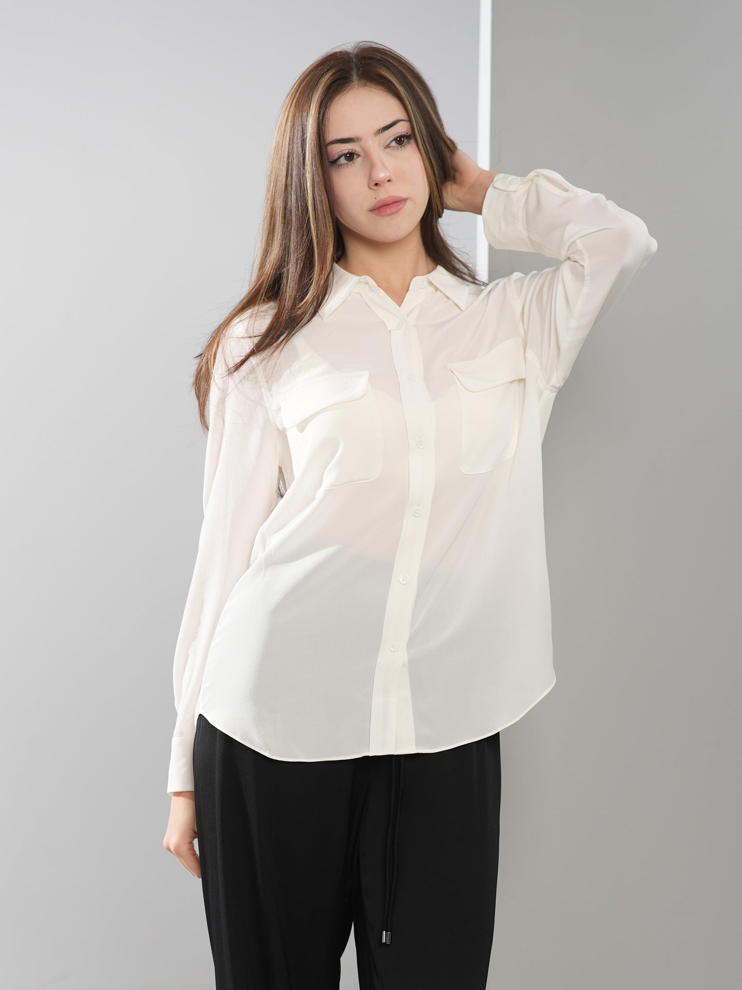 Long Sleeve Collared Silk Blouse