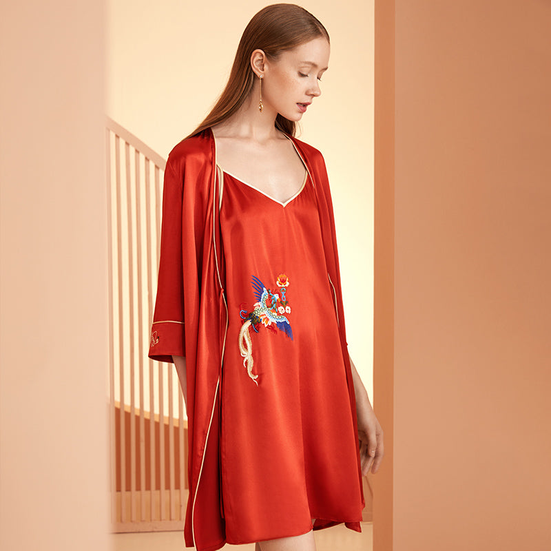 Phoenix Embroidery Silk Nightgown