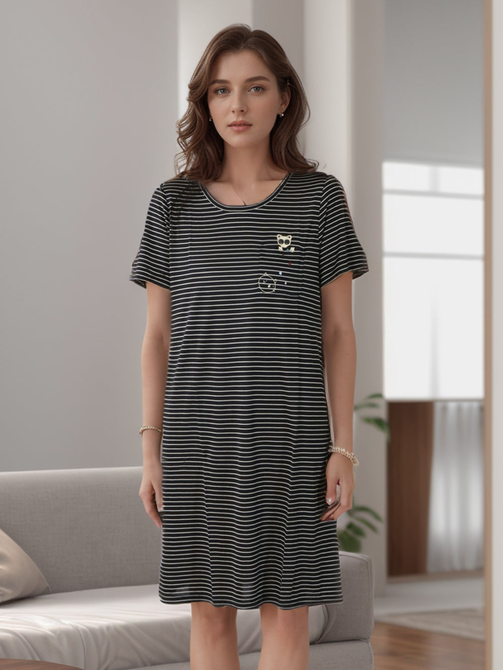 Silk Stripe Short Sleeve Night Dress