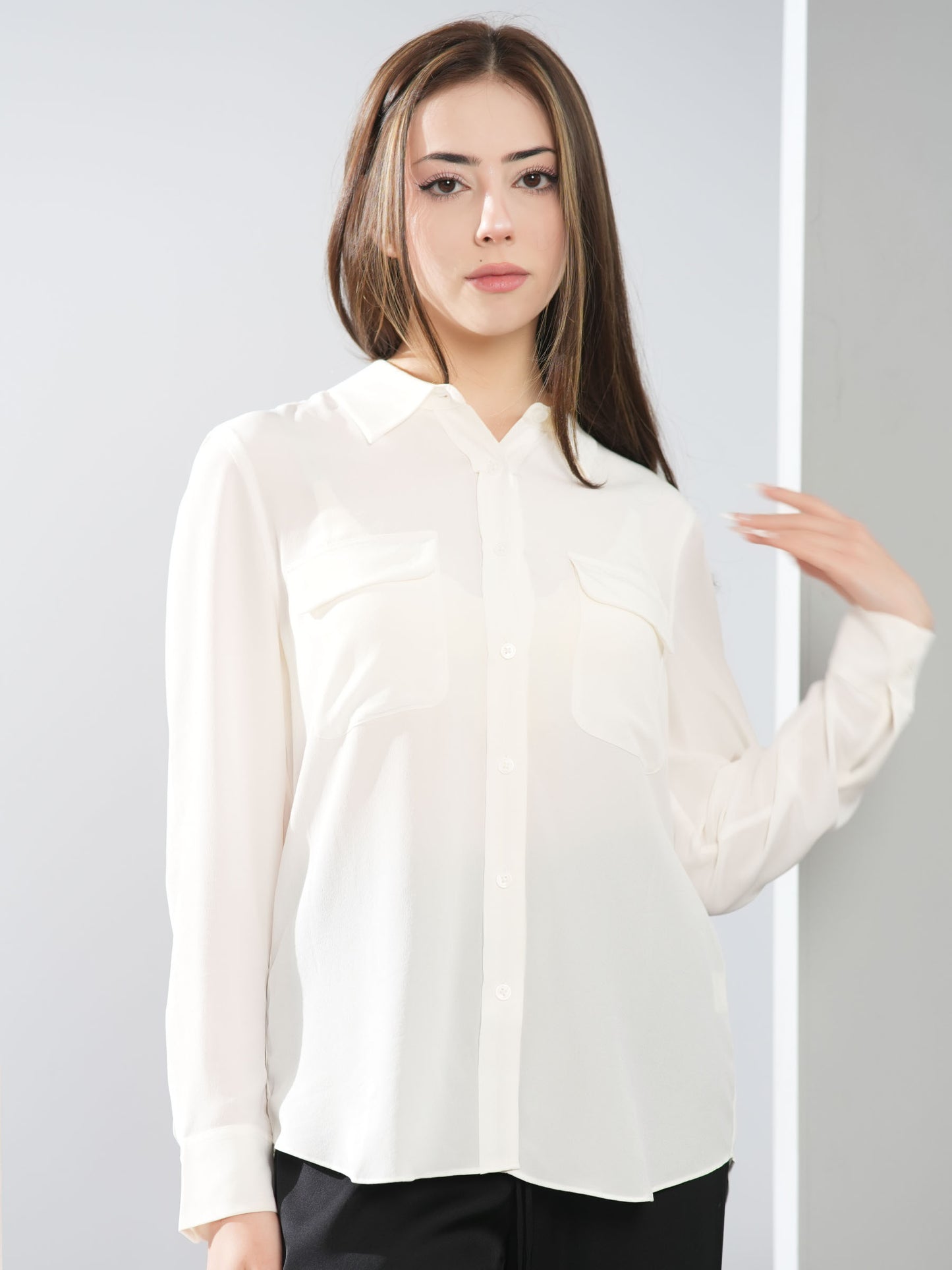 Long Sleeve Collared Silk Blouse